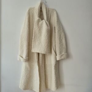 Zara Woman Studio Cream Bouclé Knit Oversized Cardigan Coat with Matching Scarf